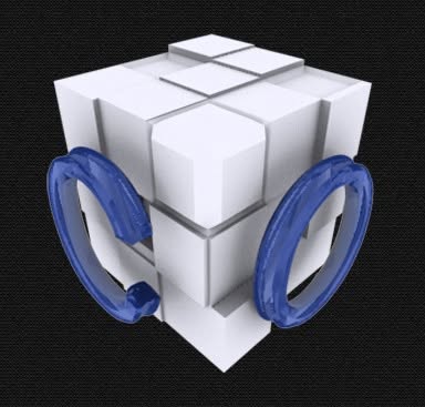 The original Codeator logo: a white cube of close-fitting blocks circled by two blue rings